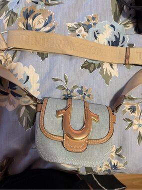 True Religion Asher Light Blue Denim and Tan Crossbody Bag